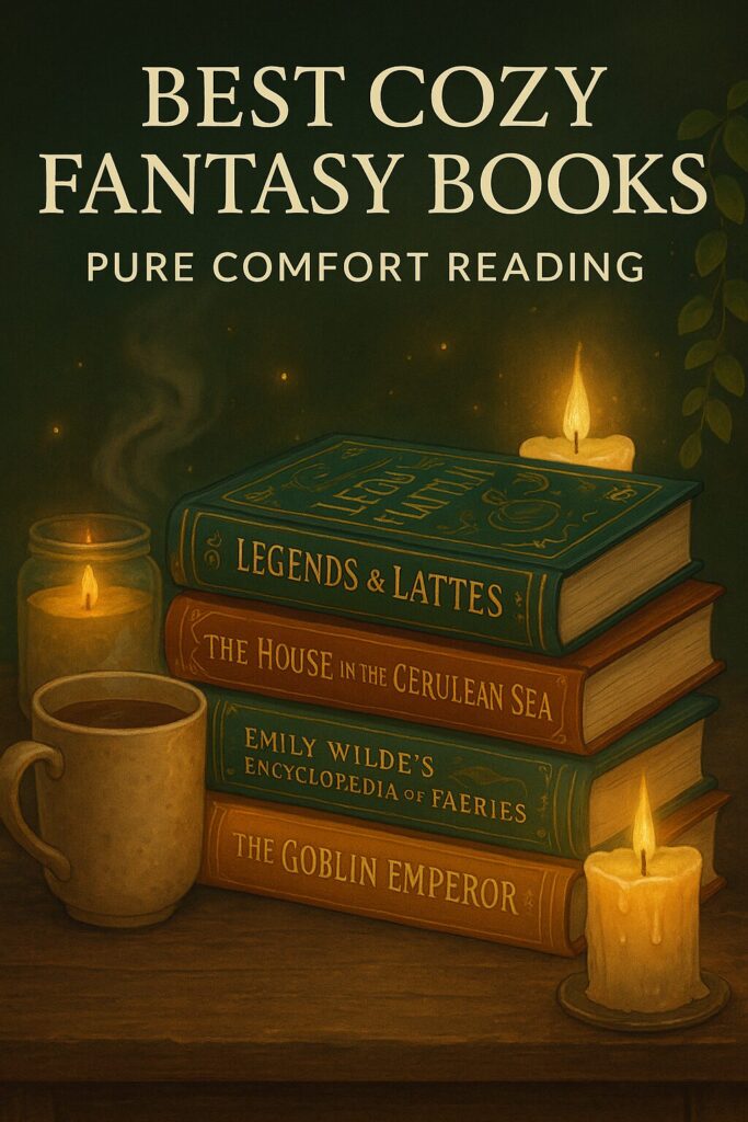 Stack of cozy fantasy books with tea and candles in a warm, magical setting.