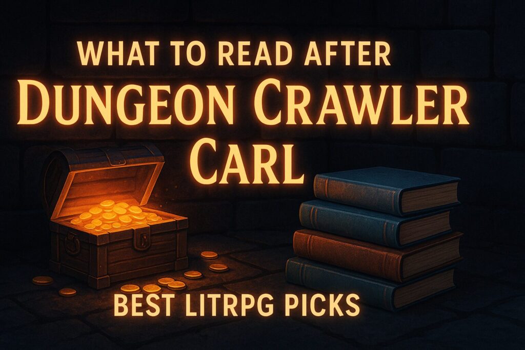 Dark dungeon scene glowing with treasure chest and fantasy books stacked beside it, neon-lit title text overlay