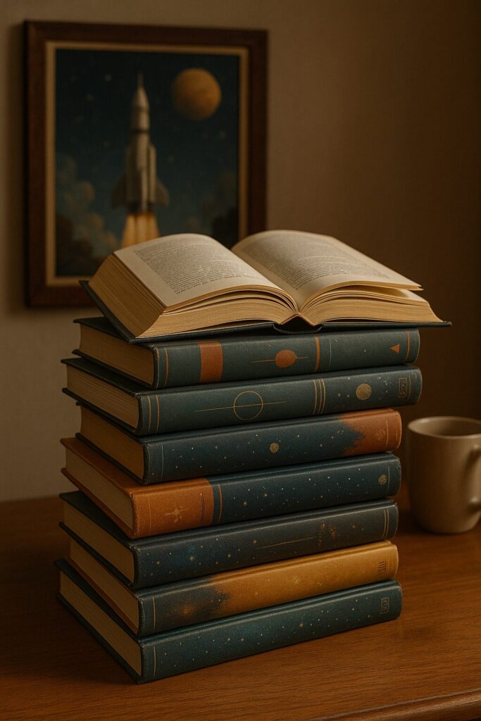 Books stacked in front of an image of space