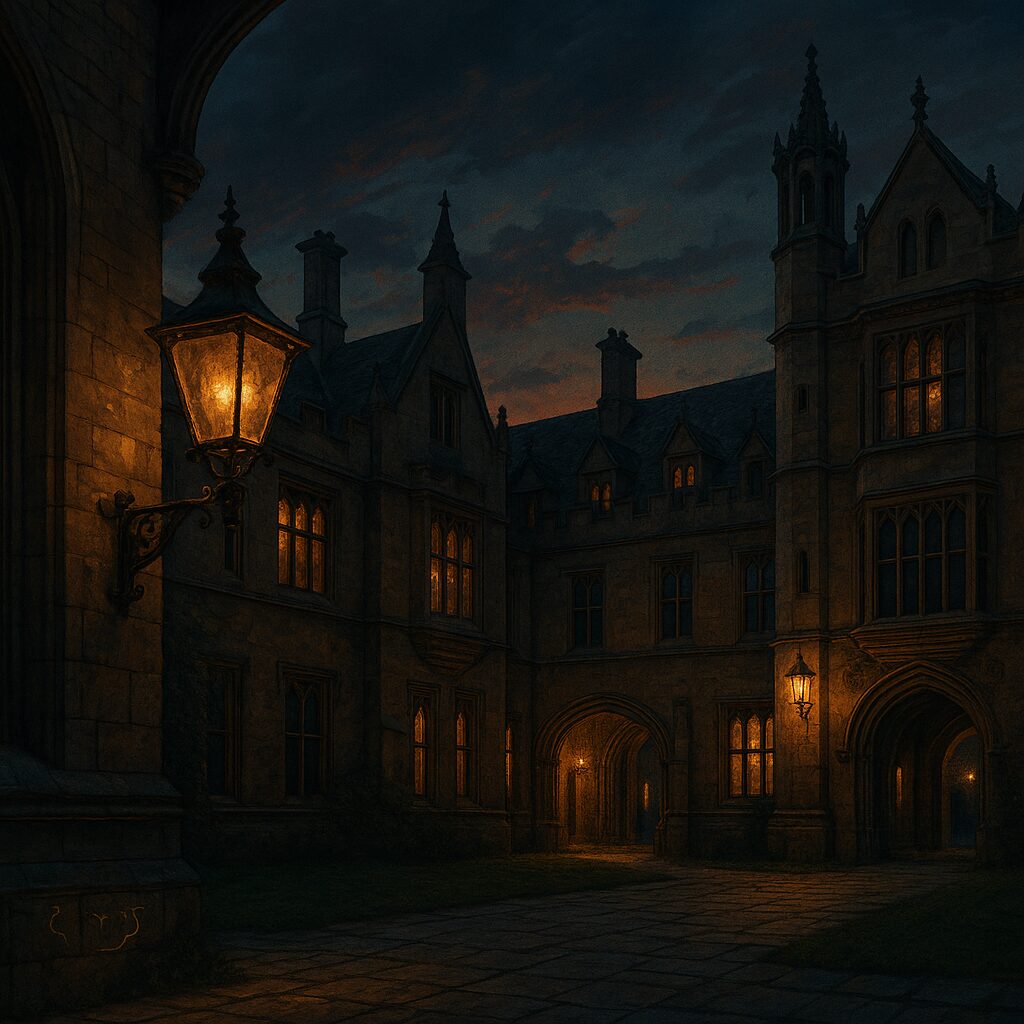 Digital painting of a gothic university courtyard at dusk with stone archways, ivy, and glowing lanterns, evoking a mysterious dark academia mood