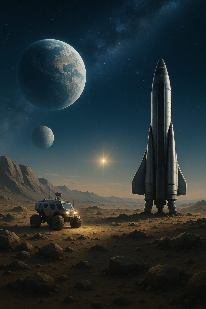 Realistic image of a vehicle and rocket on mars