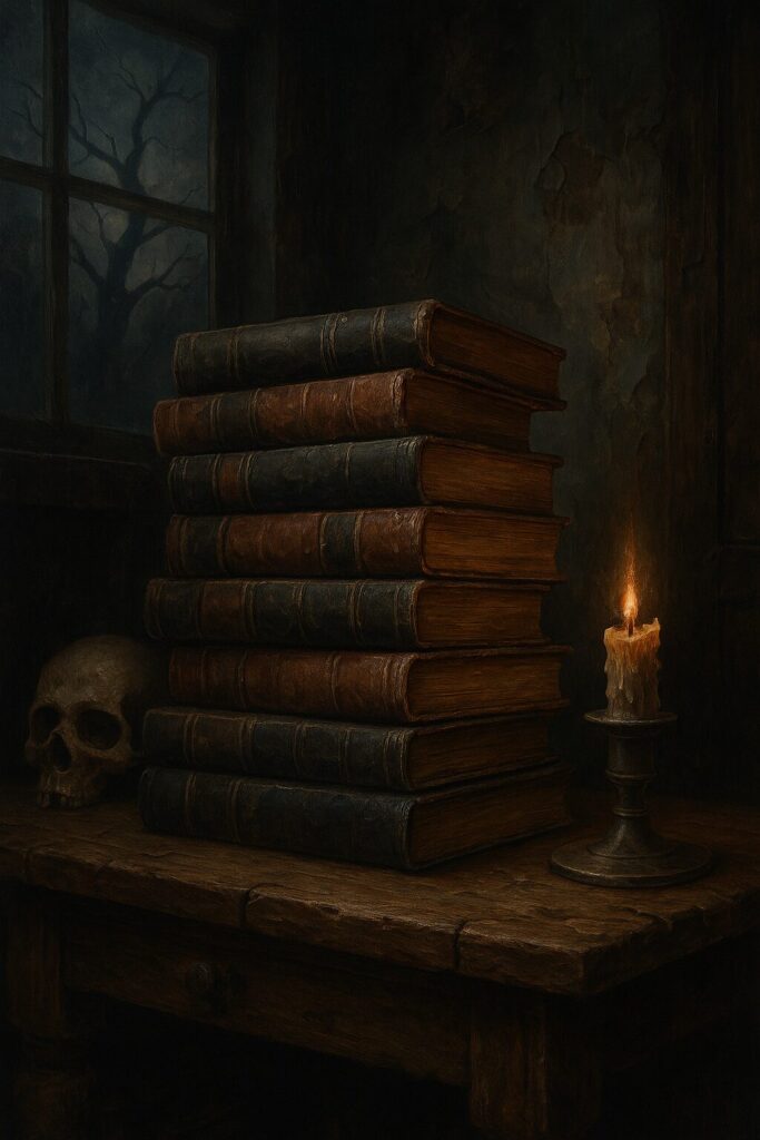 A pile of old books in a spooky setting