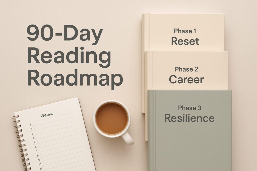 A clean flat-lay with three labeled books — Phase 1 Reset, Phase 2 Career, Phase 3 Resilience — alongside a notebook and coffee cup, with headline text reading 90-Day Reading Roadmap.