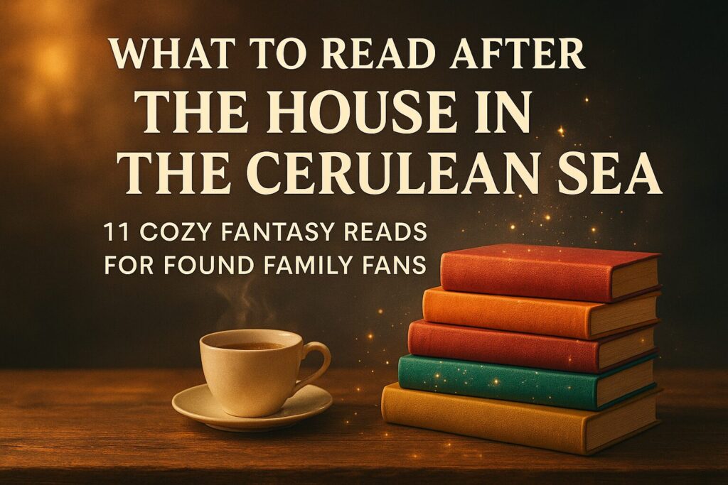 Whimsical cozy fantasy scene with stacked books, warm light, and gentle magical sparkles — styled for book lovers.