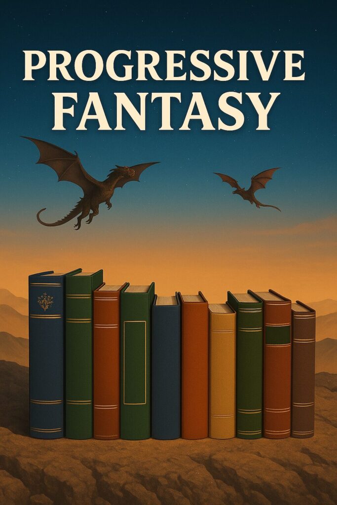 Progressive fantasy books with flying beings in a desert