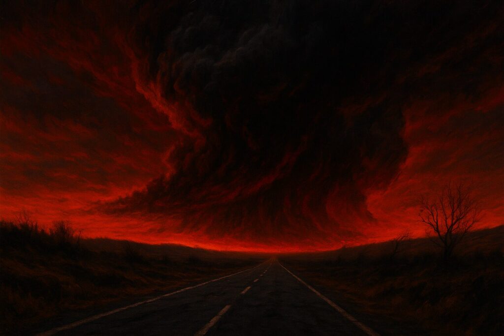 Desolate road with foreboding blood red sky