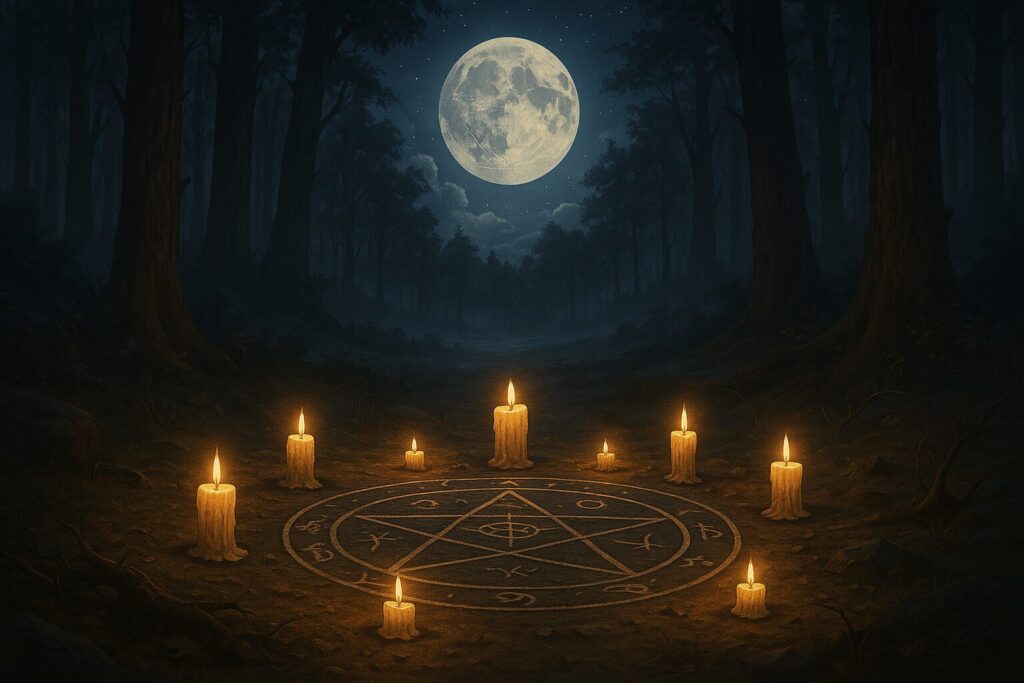 Full moon with dark prayer circle and pentagram